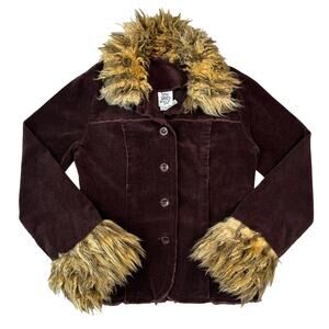 Vintage Y2K 90's Ivy Jane Brown Corduroy Faux Fur Trim Button Front Jacket (XS)